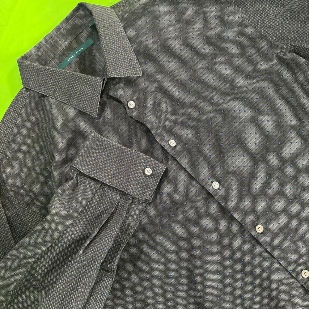 Perry Ellis Button Up Shirt Mens XL Gray Blue Dot Striped LS Dark Academia Club